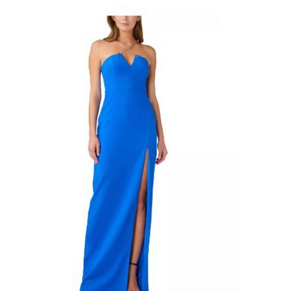 NWT Aidan Mattox Chain-Trim Halter Gown, Blue, Size 14